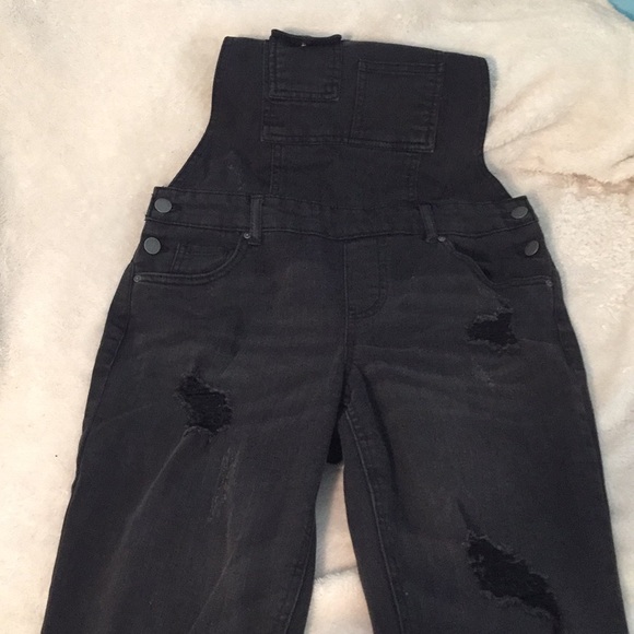 Black denim slightly distressed overalls - Picture 2 of 7